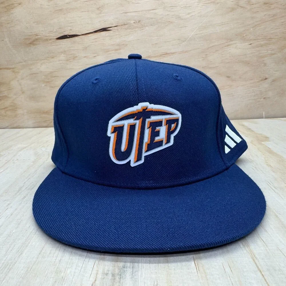 NEW L/XL UTEP Miners Adidas Flex Fit Flat Brim Fitted Cap Hat Blue